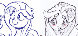 Size: 449x207 | Tagged: safe, artist:dilarus, deleted from derpibooru, imported from derpibooru, fluttershy, pegasus, pony, art evolution, blushing, comparison, female, floppy ears, mare, monochrome, simple background, tallershy, then and now, traditional art, white background