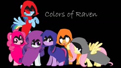 Size: 1280x720 | Tagged: safe, artist:hermiona shinetv, imported from derpibooru, applejack, fluttershy, pinkie pie, rainbow dash, rarity, twilight sparkle, earth pony, pegasus, pony, unicorn, angry, applejack also dresses in style, black background, bucktooth, cloak, clothes, colored eyelashes, colors of raven, cute, derp, diapinkes, eyelashes, flying, frown, gritted teeth, happy, lazy, passion, purple eyelashes, rage, rainbow dash always dresses in style, raised hoof, raven (dc comics), raven (teen titans), red eyes, sad, shyabetes, simple background, smiling, spread wings, teen titans go, teeth, text, timid, twilight sparkle is not amused, unamused, unicorn twilight, voice actor joke, wings