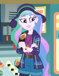 Size: 816x1052 | Tagged: safe, imported from derpibooru, screencap, princess celestia, human, equestria girls, equestria girls series, the road less scheduled, the road less scheduled: celestia, spoiler:choose your own ending (season 2), spoiler:eqg series (season 2), clothes, cropped, cute, cutelestia, feather, feather necklace, female, flannel, flannel shirt, food, food truck, hat, jewelry, music festival outfit, necklace, principal celestia, shorts, smiling, sushi, sushi cone, watch, wristwatch