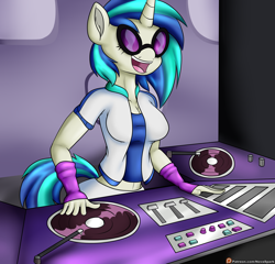 Size: 2500x2400 | Tagged: safe, artist:novaspark, imported from derpibooru, dj pon-3, vinyl scratch, anthro, belly button, clothes, female, jacket, smiling, solo, turntable