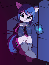 Size: 2156x2822 | Tagged: safe, artist:pabbley, imported from derpibooru, oc, oc only, oc:datastream, pony, clothes, cute, cyberpunk, ear fluff, looking at you, ocbetes, on back, pubic fluff, socks, solo