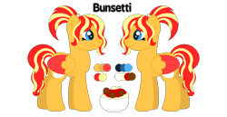 Size: 3500x1800 | Tagged: safe, artist:ponkus, imported from derpibooru, oc, oc only, oc:bunsetti, pegasus, pony, female, food, mare, pasta, reference sheet, solo, spaghetti