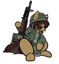 Size: 498x539 | Tagged: safe, artist:cantershirecommons, imported from derpibooru, oc, oc only, oc:timeline, pony, army helmet, cigarette, clothes, costume, dog tags, gun, helmet, long sleeves, m60, machine gun, male, military uniform, nightmare night costume, simple background, sitting, solo, stallion, tired, transparent background, weapon