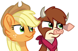 Size: 1224x807 | Tagged: safe, artist:rainbow eevee, imported from derpibooru, applejack, arizona cow, cow, them's fightin' herds, arizona (tfh), bandana, dissapoint, freckles, horns, simple background, transparent background