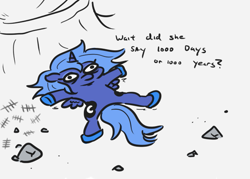 Size: 611x437 | Tagged: safe, artist:jargon scott, imported from derpibooru, princess luna, alicorn, pony, bags under eyes, banished, banishment, female, hoof shoes, mare, moon, s1 luna, solo, tally marks, thousand yard stare