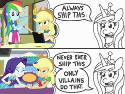 Size: 1668x1248 | Tagged: safe, artist:threetwotwo32232, edit, imported from derpibooru, screencap, applejack, princess cadance, rainbow dash, rarity, equestria girls, equestria girls series, rainbow rocks, rollercoaster of friendship, always ship this, appledash, exploitable meme, female, geode of shielding, geode of super strength, lesbian, magical geodes, meme, rarijack, shipping