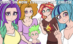 Size: 640x391 | Tagged: safe, artist:franschesco, edit, editor:undeadponysoldier, imported from derpibooru, adagio dazzle, aria blaze, sonata dusk, spike, sunset shimmer, human, equestria girls, clothes, cute, female, group photo, human spike, humanized, male, peace sign, selfie, spikelove, text, the dazzlings