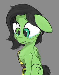 Size: 1291x1657 | Tagged: safe, artist:enragement filly, imported from derpibooru, oc, oc:filly anon, cyborg, pegasus, pony, amputee, borderlands, crying, cybernetic eyes, ear down, female, filly, heterochromia, i never asked for this, one ear down, prosthetic leg, prosthetic limb, prosthetics, sad, tales from the borderlands