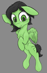 Size: 1122x1748 | Tagged: safe, artist:enragement filly, imported from derpibooru, oc, oc:filly anon, pegasus, pony, ear down, female, filly, lip bite, looking at you, lying down, one ear down