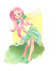 Size: 1562x1998 | Tagged: safe, artist:chihirohowe, imported from derpibooru, fluttershy, human, clothes, dress, female, gala dress, humanized, leaning forward, shoes, simple background, smiling, solo, winged humanization, wings