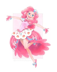 Size: 1564x2000 | Tagged: safe, artist:chihirohowe, imported from derpibooru, pinkie pie, human, arms wide open, bow, clothes, cute, diapinkes, dignified wear, dress, female, gala dress, humanized, looking at you, marker drawing, open mouth, simple background, smiling, solo, traditional art