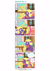 Size: 5784x8176 | Tagged: safe, artist:jeremy3, imported from derpibooru, sunshower raindrops, oc, oc:valentine, earth pony, pegasus, pony, comic:behind me, alternate universe, book, bread, brushing teeth, coffee, coffee mug, coffee pot, comic, food, hoof hold, mouth hold, mug, refrigerator, saddle bag, sleeping, table, toothbrush, waking up, window