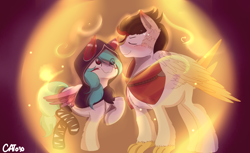 Size: 4000x2445 | Tagged: safe, artist:cottonheart05, imported from derpibooru, oc, oc only, oc:cotton heart, hippogriff, pegasus, pony, clothes, cosplay, costume, couple, female, league of legends, male