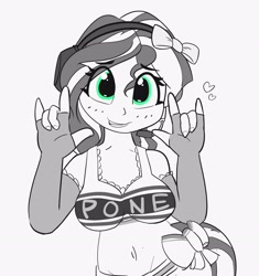 Size: 2714x2883 | Tagged: safe, artist:pabbley, imported from derpibooru, sunset shimmer, equestria girls, adorasexy, belly button, bow, bra, breasts, clothes, cute, devil horn (gesture), evening gloves, eye clipping through hair, female, fingerless elbow gloves, fingerless gloves, gloves, hair bow, headphones, heart, hit or miss, long gloves, looking at you, neo noir, nico yazawa, panties, partial color, pone, sexy, shimmerbetes, smiling, solo, underwear