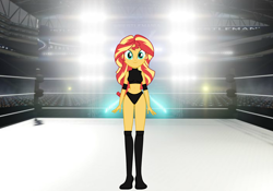 Size: 2652x1853 | Tagged: safe, artist:emeraldblast63, artist:invisibleink, artist:marcusvanngriffin, edit, imported from derpibooru, sunset shimmer, equestria girls, belly button, boots, clothes, commission, elbow pads, female, intro, introduction, knee pads, looking at you, midriff, shoes, solo, sports, sports bra, sports panties, spotlight, wrestler, wrestling, wrestling ring