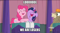 Size: 888x499 | Tagged: safe, edit, edited screencap, imported from derpibooru, screencap, cranky doodle donkey, pinkie pie, twilight sparkle, alicorn, a trivial pursuit, blank notepad, caption, discovery family logo, floppy ears, image macro, laughing, laughingmares.jpg, meme, messy mane, notepad, text, twilight sparkle (alicorn), wig