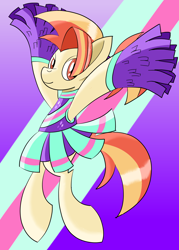 Size: 1500x2100 | Tagged: safe, artist:notadeliciouspotato, imported from derpibooru, shimmy shake, earth pony, pony, 2 4 6 greaaat, bipedal, cheerleader, cheerleader outfit, clothes, cute, female, mare, pleated skirt, pom pom, ponytail, skirt, skirt lift, smiling, solo