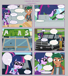 Size: 1808x2039 | Tagged: safe, artist:thomaszoey3000, imported from derpibooru, sci-twi, timber spruce, twilight sparkle, comic:abandoned, equestria girls, equestria girls series, car, clothes, female, geode of telekinesis, glasses, magical geodes, male, ponytail, shipping, shoes, skirt, straight, timbertwi, truck