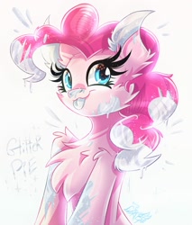 Size: 1700x2000 | Tagged: safe, artist:alexbluebird, imported from derpibooru, pinkie pie, pony, chest fluff, cute, female, glitter, happy, solo, tongue out