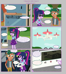 Size: 1808x2039 | Tagged: safe, artist:thomaszoey3000, imported from derpibooru, sci-twi, timber spruce, twilight sparkle, comic:abandoned, equestria girls, equestria girls series, clothes, comic, drone, female, geode of telekinesis, glasses, magical geodes, male, ponytail, shipping, skirt, sky, straight, timbertwi