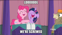 Size: 888x499 | Tagged: safe, edit, edited screencap, imported from derpibooru, screencap, cranky doodle donkey, pinkie pie, twilight sparkle, alicorn, a trivial pursuit, blank notepad, caption, floppy ears, image macro, laughing, laughingmares.jpg, mans1ay3r, meme, messy mane, notepad, text, twilight sparkle (alicorn), wig