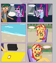 Size: 1808x2039 | Tagged: safe, artist:thomaszoey3000, imported from derpibooru, sci-twi, sunset shimmer, timber spruce, twilight sparkle, comic:abandoned, equestria girls, equestria girls series, beach, cellphone, clothes, geode of empathy, geode of telekinesis, glasses, magical geodes, pants, phone, skirt, smartphone, swimsuit