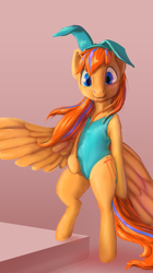 Size: 1152x2054 | Tagged: safe, artist:stratodraw, imported from derpibooru, oc, oc only, oc:cold front, pegasus, semi-anthro, bunny ears, bunny suit, clothes, crossdressing, leotard, looking at you, male, smiling, standing