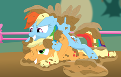 Size: 3536x2269 | Tagged: safe, artist:porygon2z, imported from derpibooru, applejack, rainbow dash, earth pony, pegasus, pony, catfight, farm, fight, freckles, looking at each other, mud, mud wrestling, playing