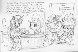 Size: 2464x1654 | Tagged: safe, artist:dilarus, deleted from derpibooru, imported from derpibooru, applejack, flim, earth pony, pony, unicorn, meet-the-pones, the super speedy cider squeezy 6000, apple, applejack is not amused, dialogue, doge, food, freckles, hat, monochrome, onomatopoeia, simple background, sketch, traditional art, unamused, vulgar, white background