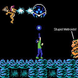 Size: 528x528 | Tagged: safe, artist:derek the metagamer, imported from derpibooru, smolder, oc, oc:dirk wise, dragon, human, 8 bit, 8-bit, brinstar, dialogue, dragoness, female, fire, fire breath, ice beam, kraid, metroid, metroid (species), pixel art, zebes, zebeth