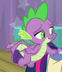 Size: 902x1058 | Tagged: safe, imported from derpibooru, screencap, spike, twilight sparkle, alicorn, dragon, a trivial pursuit, cropped, male, offscreen character, smiling, solo focus, twilight sparkle (alicorn), winged spike, wings