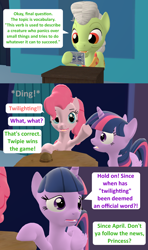 Size: 1920x3240 | Tagged: safe, artist:red4567, imported from derpibooru, granny smith, pinkie pie, twilight sparkle, alicorn, pony, a trivial pursuit, 3d, bell, comic, source filmmaker, twilight sparkle (alicorn), twilighting