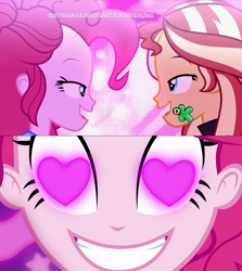 Size: 1280x1436 | Tagged: safe, edit, imported from derpibooru, screencap, pinkie pie, sunset shimmer, coinky-dink world, eqg summertime shorts, equestria girls, equestria girls series, sunset's backstage pass!, spoiler:eqg series (season 2), female, lesbian, meme, pinkie the shipper, pinkie's eyes, shipping, sunsetpie