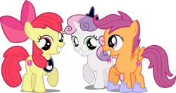 Size: 4016x2122 | Tagged: safe, artist:emper24, artist:fallingcomets, artist:loaded--dice, edit, editor:slayerbvc, imported from derpibooru, vector edit, apple bloom, scootaloo, sweetie belle, earth pony, pegasus, pony, unicorn, accessory swap, bow, crown, cutie mark, cutie mark crusaders, female, filly, grin, hair bow, hoof shoes, jewelry, luna's crown, peytral, raised hoof, regalia, simple background, smiling, the cmc's cutie marks, transparent background, vector