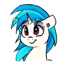 Size: 688x620 | Tagged: safe, artist:thefloatingtree, imported from derpibooru, dj pon-3, vinyl scratch, pony, unicorn, bust, cute, female, glasses off, mare, missing accessory, portrait, simple background, smiling, solo, three quarter view, vinylbetes, white background