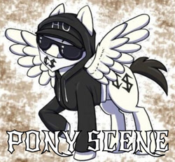 Size: 638x592 | Tagged: safe, artist:akie-tara, edit, editor:undeadponysoldier, imported from derpibooru, oc, oc only, pegasus, pony, bandana, charlie scene, clothes, hat, hollywood undead, hoodie, male, ponified, raised hoof, rapper, solo, spread wings, stallion, wings