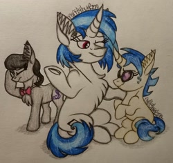 Size: 2304x2171 | Tagged: safe, artist:raritylover152, imported from derpibooru, dj pon-3, octavia melody, vinyl scratch, oc, oc:blissful trance, pony, annoyed, chest fluff, ear fluff, sunglasses, traditional art