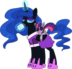 Size: 916x878 | Tagged: safe, artist:taaffeiite, deleted from derpibooru, derpibooru exclusive, imported from derpibooru, nightmare moon, twilight sparkle, alicorn, pony, bunny slippers, clothes, coffee mug, ethereal mane, implied twimoon, looking at you, magic, mug, pajamas, redraw, simple background, slippers, solo, telekinesis, transparent background, twilight sparkle (alicorn), twilight sparkle plushie