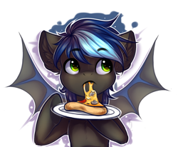 Size: 1402x1155 | Tagged: safe, artist:falafeljake, imported from derpibooru, oc, oc only, bat pony, pony, bat pony oc, food, meat, mushroom, pepperoni, pepperoni pizza, pizza, ych result