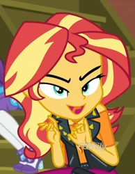 Size: 840x1080 | Tagged: safe, imported from derpibooru, screencap, rarity, sunset shimmer, costume conundrum, equestria girls, equestria girls series, spoiler:choose your own ending (season 2), spoiler:eqg series (season 2), cropped, evil grin, geode of empathy, logo, magical geodes, open mouth, out of context, smiling, sunset's apartment, tongue out