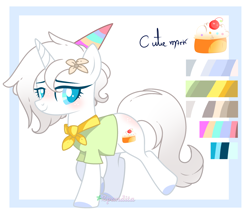 Size: 3000x2585 | Tagged: safe, artist:2pandita, imported from derpibooru, oc, oc only, oc:small cake, pony, unicorn, clothes, female, hat, high res, mare, party hat, reference sheet, shirt, solo