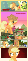 Size: 1919x4225 | Tagged: safe, artist:estories, imported from derpibooru, applejack, oc, oc:pauly sentry, oc:silverlay, earth pony, original species, pony, unicorn, comic:a(pple)ffection, apple, apple tree, barn, cereal box, chicken coop, comic, corn, cornfield, female, food, hat, mare, sad, sweet apple acres, tree, umbra pony