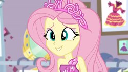 Size: 1600x900 | Tagged: safe, imported from derpibooru, screencap, fluttershy, costume conundrum, equestria girls, equestria girls series, spoiler:choose your own ending (season 2), spoiler:eqg series (season 2), bare shoulders, close-up, costume conundrum: rarity, cute, female, jewelry, princess fluttershy, rarity's bedroom, sleeveless, tiara