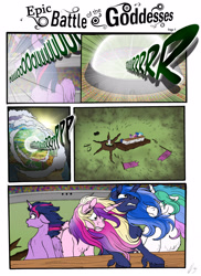 Size: 2550x3506 | Tagged: safe, artist:lupiarts, artist:snoopystallion, imported from derpibooru, princess cadance, princess celestia, princess flurry heart, princess luna, shining armor, twilight sparkle, alicorn, pony, comic:epic battle of the goddesses, burping contest, clapping ponies, collaboration, comic, competition, expressions, floppy ears, funny, majestic as fuck, royal sisters, twilight sparkle (alicorn)