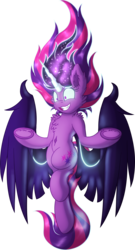 Size: 2086x3858 | Tagged: safe, artist:shad0w-galaxy, imported from derpibooru, sci-twi, twilight sparkle, alicorn, pony, belly button, chest fluff, ear fluff, equestria girls ponified, fangs, female, fluffy, flying, glowing eyes, high res, mare, midnight sparkle, ponified, scitwilicorn, shoulder fluff, simple background, smiling, solo, transparent background