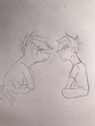 Size: 720x960 | Tagged: safe, imported from derpibooru, rainbow dash, oc, human, looking at each other, traditional art