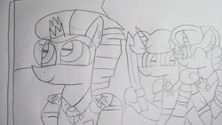 Size: 5312x2992 | Tagged: safe, artist:徐詩珮, imported from derpibooru, fizzlepop berrytwist, glitter drops, spring rain, tempest shadow, pony, unicorn, broken horn, female, glittershadow, horn, lesbian, lineart, mare, polyamory, shipping, springdrops, springshadow, springshadowdrops, traditional art