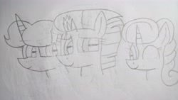 Size: 5312x2992 | Tagged: safe, artist:徐詩珮, imported from derpibooru, fizzlepop berrytwist, glitter drops, spring rain, tempest shadow, pony, unicorn, broken horn, female, glittershadow, horn, lesbian, lineart, mare, polyamory, shipping, springdrops, springshadow, springshadowdrops, traditional art