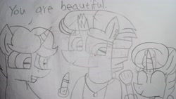 Size: 5312x2992 | Tagged: safe, artist:徐詩珮, imported from derpibooru, fizzlepop berrytwist, glitter drops, spring rain, tempest shadow, pony, unicorn, broken horn, female, glittershadow, horn, lesbian, lineart, mare, polyamory, shipping, springdrops, springshadow, springshadowdrops, traditional art