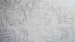 Size: 5312x2992 | Tagged: safe, artist:徐詩珮, imported from derpibooru, fizzlepop berrytwist, glitter drops, spring rain, tempest shadow, pony, unicorn, broken horn, female, glittershadow, horn, lesbian, lineart, magical lesbian spawn, mare, offspring, parent:glitter drops, parent:spring rain, parent:tempest shadow, parents:glittershadow, parents:springdrops, parents:springshadow, parents:springshadowdrops, polyamory, pregnant, shipping, springdrops, springshadow, springshadowdrops, traditional art, tsundere, tsundere shadow